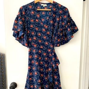 Women's Summer Wrap V Neck Ruffle Short Sleeve Mini Floral Dress with Belt